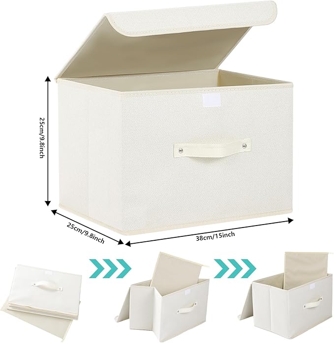 Fabric Storage Bins Cube Organizers with Flip-Top Lid and Handles,Storage Boxes for Organizing Home,Office,and Closet,Beige,3 Pack 15 x 9.8 x 9.8 in-Ruum Studio Home