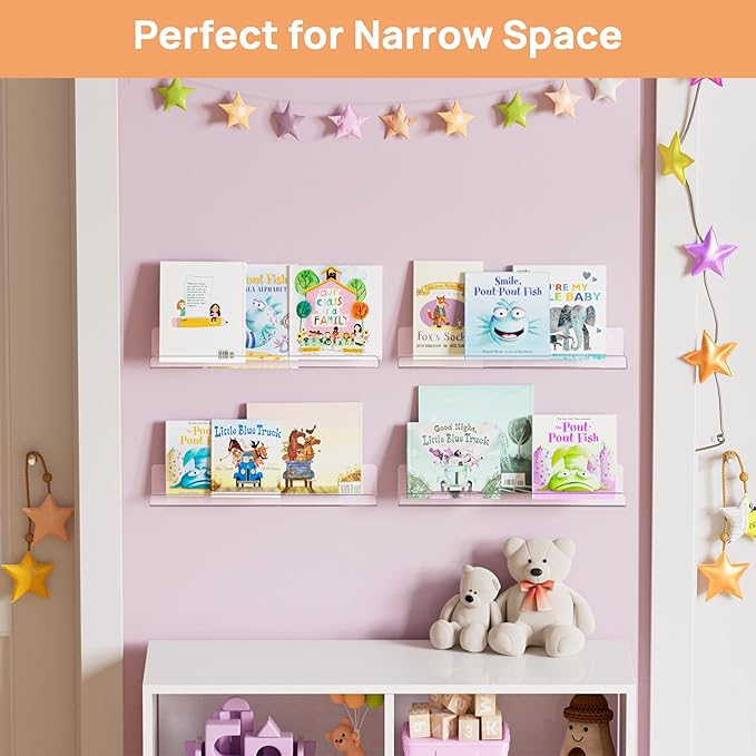 upsimples 4 Pack Acrylic Shelves for Wall Storage, 15" Floating Bookshelves for Kids, Display Shelf Organizer for Bathroom, Bedroom, Living Room, Kitchen, Room Decor, Clear-Ruum Studio Home