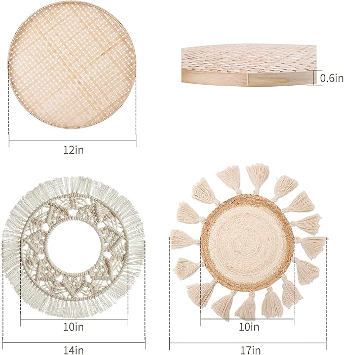 LOCS MICRAI Boho Wall Basket Decor Set of 3 - Flat Woven Basket Wall Hanging Decor,Round Tassels White Macrame Tapestry Wall Decor Art,Handmade Rattan Wicker Seagrass Home Wall Baskets Decor-Ruum Studio Home