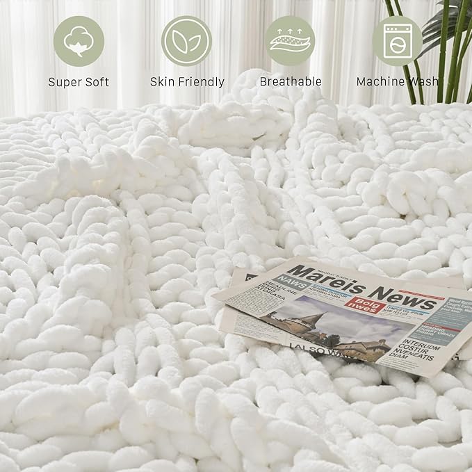 Esterra Chunky Knit Blanket Throw, 100% Handmade Chenille Throw Blanket 60"x80", Soft Thick Yarn Cable Knit Crochet Throw Blanket Rope Knot Throw for Couch Bed Sofa, Bright White-Ruum Studio Home