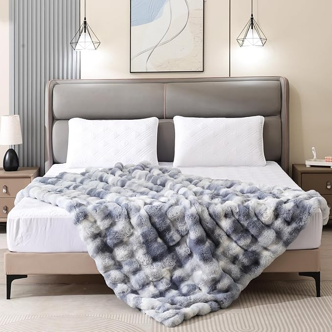 Latepis Faux Fur Throw Blanket for Couch, Soft Luxury Faux Fur Bubble Blanket for Sofa and Bedroom, Plush Thick Warm Cozy Fluffy Blanket for All Seasons, 50” x 60”, Tie-dye Blue-Ruum Studio Home