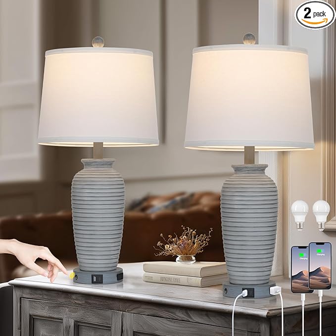 25" Farmhouse Jar Table Lamp Set of 2 Vintage Rustic Lamps for Living Room, Resin Bedside Nightstand Lamps with Linen Lampshades, Retro Pot Lamp for Living Room, Bedroom(LED Bulbs Included)-Ruum Studio Home