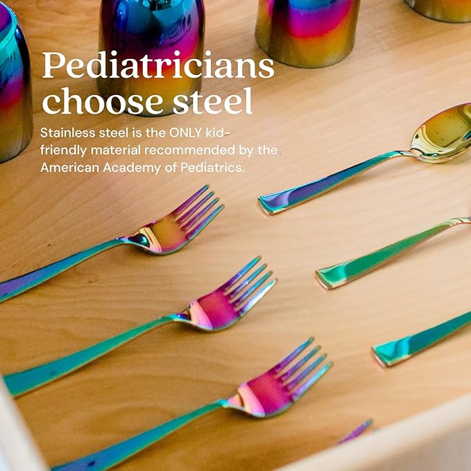 Ahimsa Stainless Steel Kids Utensils - Kids Fork and Spoon Set, Pediatrician Designed Rainbow Silverware Set, 100% BPA Free & Dishwasher Safe (Rainbow)-Ruum Studio Home