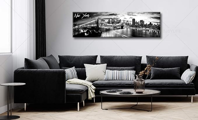DJSYLIFE New York Skyline Wall Art - Brooklyn Bridge Night View - Black and White Nyc City Pictures Scape Artwork Painting Decoration for Bedroom or Office, Ready to Hang 13.8"x47.3"-New York1-Ruum Studio Home