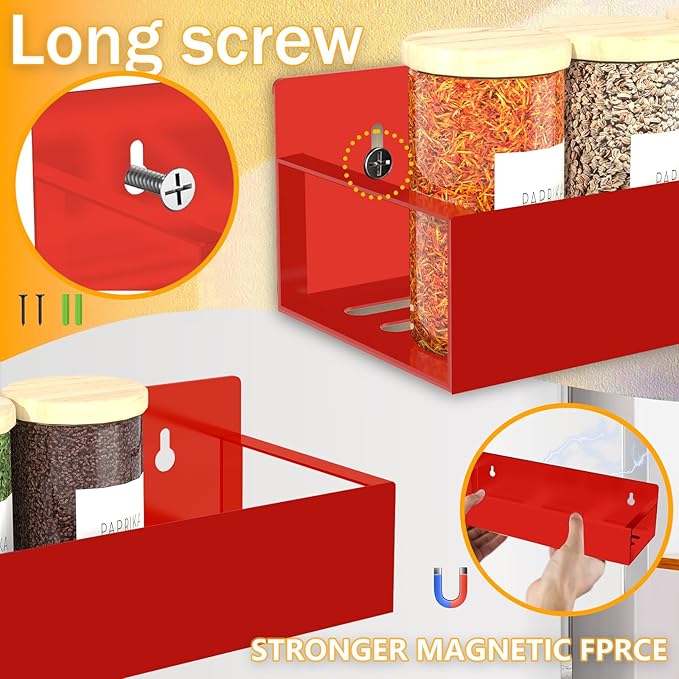 Magnetic Spice Rack Organizer for Fridge Seasoning Organizer for Kitchen Storage With Screw Magnetic Shelf for Oven, RV,Garage,Bathroom (Red, 4pack)-Ruum Studio Home