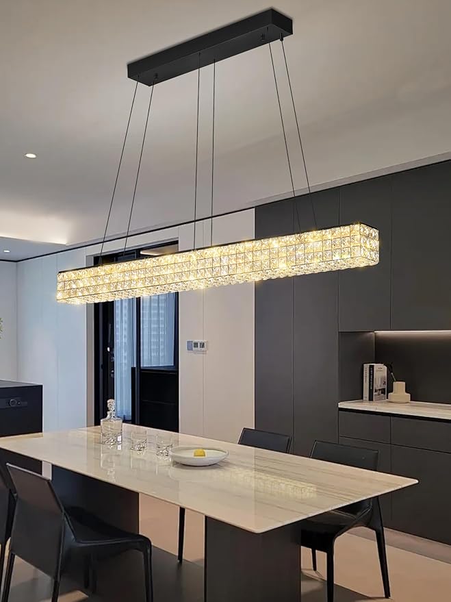 W48 Black Chandeliers for Dining Room, Modern Crystal Pendant Lights Fixture Farmhouse Hanging Dining Light Fixtures for Kitchen Island, Living Room, Bedroom-Ruum Studio Home