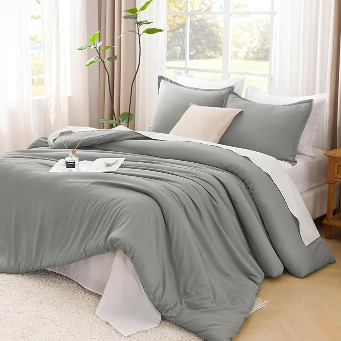 Litanika Comforters Medium Gray Queen Size, 3 Pieces Lightweight Solid Bedding Set & Collections, All Season Fluffy Bed Set (90x90In Comforter & 2 Pillowcases)-Ruum Studio Home