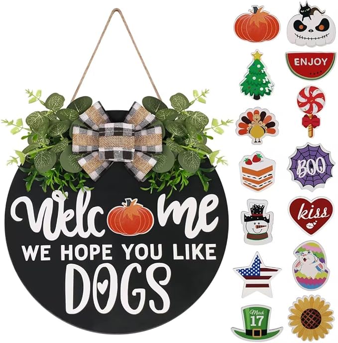 Interchangeable Wooden Seasonal Welcome Sign, Rustic Round Dogs Sign Front Door Wreaths for Home/Wall/Porch Decor, for Easter Spring Summer Fall Halloween Christmas All Season Decorations-Ruum Studio Home