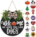 Interchangeable Wooden Seasonal Welcome Sign, Rustic Round Dogs Sign Front Door Wreaths for Home/Wall/Porch Decor, for Easter Spring Summer Fall Halloween Christmas All Season Decorations-Ruum Studio Home