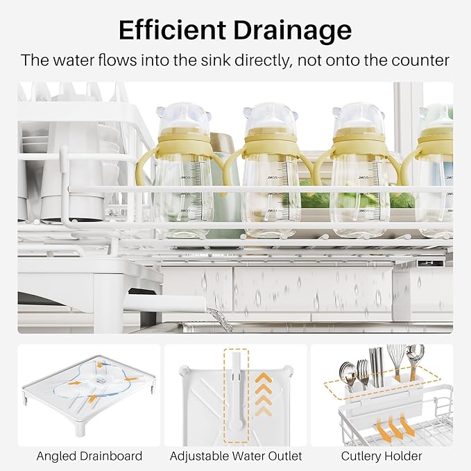 Dish Drying Rack - Extendable Dish Rack, Large Sink Drying Dish Drainer for Kitchen Counter, Stainless Steel Dish Strainer with Utensil Holder (White)-Ruum Studio Home