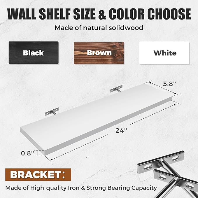 3-Pack Floating Wall Shelves, 24-Inch Rustic White Wooden Shelves for Storage and Décor, Easy Installation for Living Room, Bedroom, and Kitchen-Ruum Studio Home