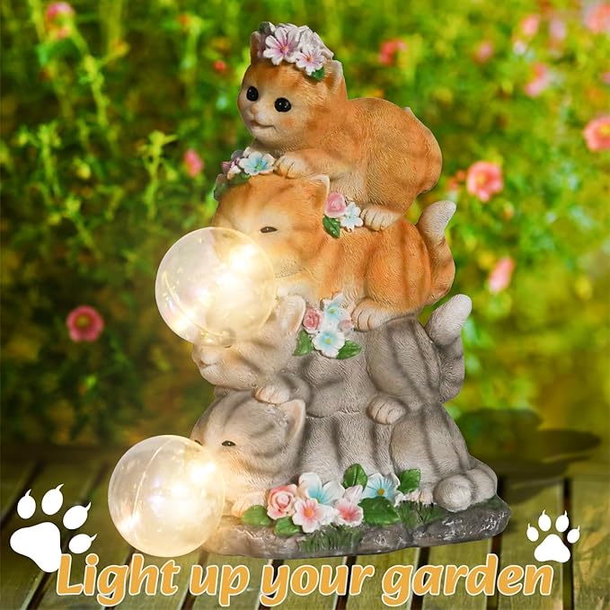 Solar Cat Garden Statue Resin Cat Statue Decor Outdoor with LED Lights for Outside Yard Art Lawn Ornaments Patio, Cat Lovers Gifts-Ruum Studio Home