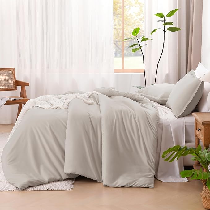 Litanika Linen Grey Comforter Set California King Size, 3 Pieces Cal King Lightweight Solid Bedding Comforter Set, All Season Fluffy Bed Set (104x96In Comforter & 2 Pillowcases)-Ruum Studio Home