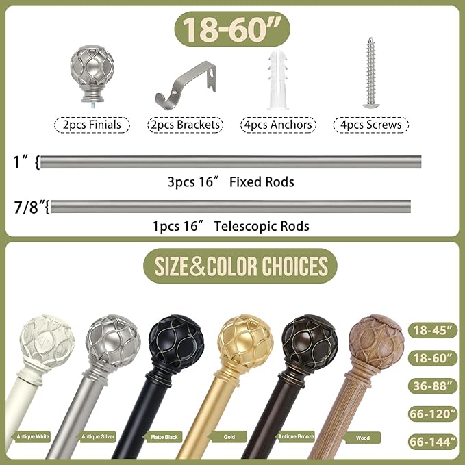Silver Adjustable Curtain Rods for Windows:18-60 Inch Farmhouse Heavy Duty Curtain Rod for Bedroom Living Room,Boho Decorative Rustic Drapery Rods with Vintage Coastal Finial,Antique Silver-Ruum Studio Home