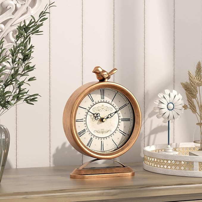 Vintage Table Clock with Bird, European Antique Style Gold Mantel Clocks, Desk and Shelf Decor Clock, for Farmhouse, Bedside, Living Room, Bedroom, Gift (9" H x 6.5" W)-Ruum Studio Home