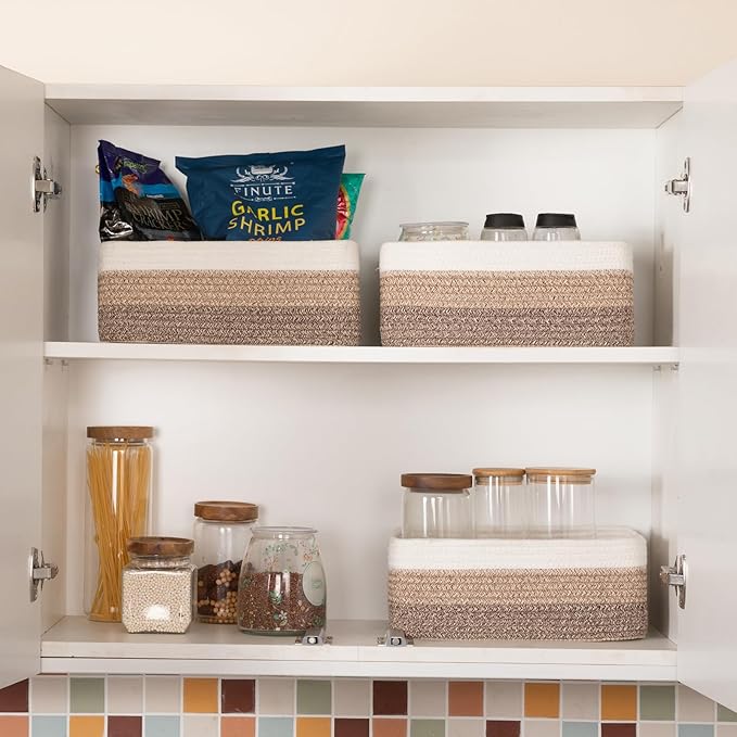 3 Pack Small Storage Baskets for Organizing, Cute Woven Decorative Gift Baskets for Shelves, Mini Closet Organizer Bins with Handles-13''Lx8.66''Wx5.11''H-Brown White-Ruum Studio Home