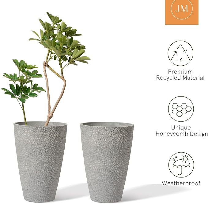 LA JOLIE MUSE 20 inch Tall Planters Set of 2, Tall Round Planters for Outdoor Plants, Grey Flower Pots for Front Door,Patio and Deck,Honeycomb.-Ruum Studio Home