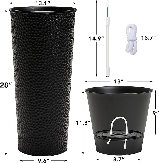 KOL 28" H. Tall Metal Cone Planters with Inside Pots 2-Pack, Black Hand-Hammered Large Decor Planter for Deck, Patio, Porch - Handcrafted Flower Pot - with Water Level Indicator - Indoor Outdoor Use-Ruum Studio Home