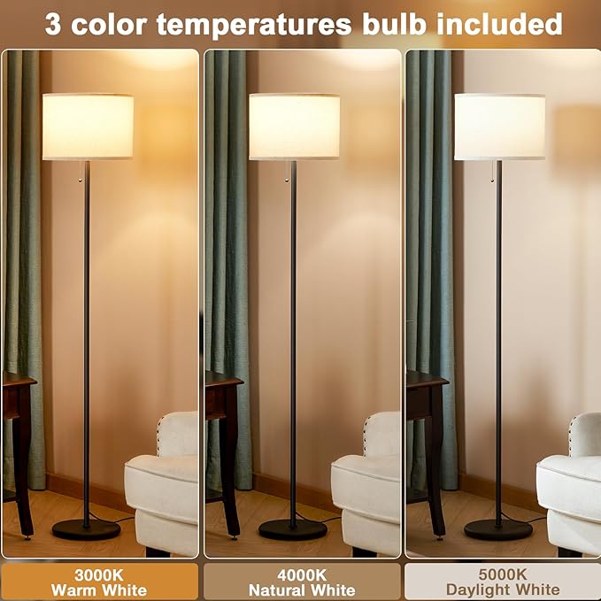 Ambimall Modern Standing Floor Lamp for Living Room & Bedroom with 3 Color Temperatures Bulb & Pull Chain Switch, 60" Tall with Beige Shade & Black Pole-Ruum Studio Home