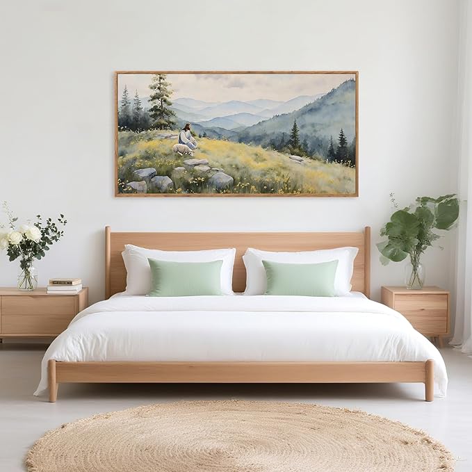 Aurlan Christian Jesus with Lost Sheep Wall Art(40"x20"), Boho Religious Lamb The Good Shepherd Psalm 23 Canvas Artwork, Large Abstcat Watercolor Vintage Nature Landscape Bible Story Decor for Home Dining Room Christ Gift-Ruum Studio Home