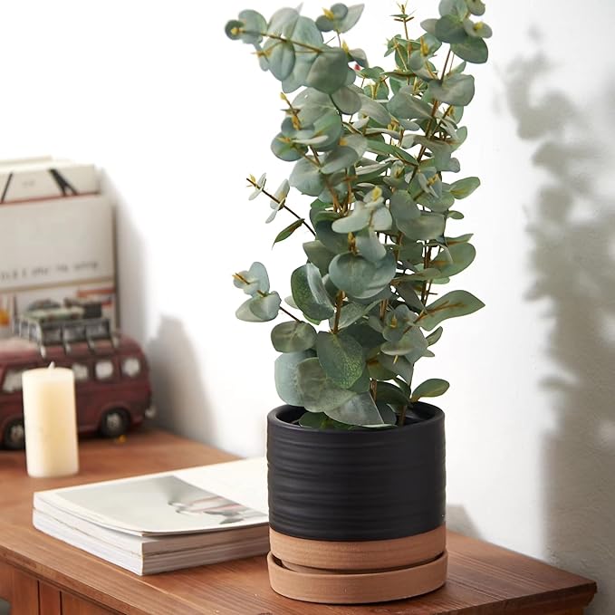 6 Inch Plant Pots, Ceramic Planter Pot with Drainage Hole & Saucer, Indoor/Outdoor Cylinder Round Planter Pot, Matte Black & Brown-Ruum Studio Home