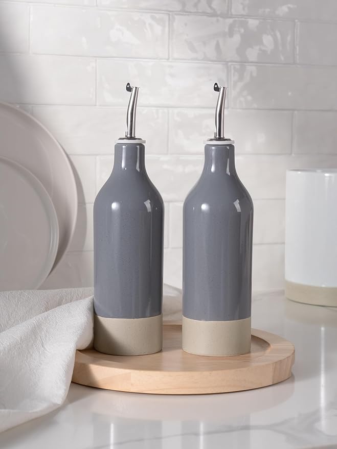 famiware Milkyway 16oz Ceramic Olive Oil Dispenser Bottle, Olive Oil and Vinegar Dispenser Bottle Set of 2 with Stainless Steel Pourers, Suitable for Storage Vinegar, Liquids, Dark Gray-Ruum Studio Home