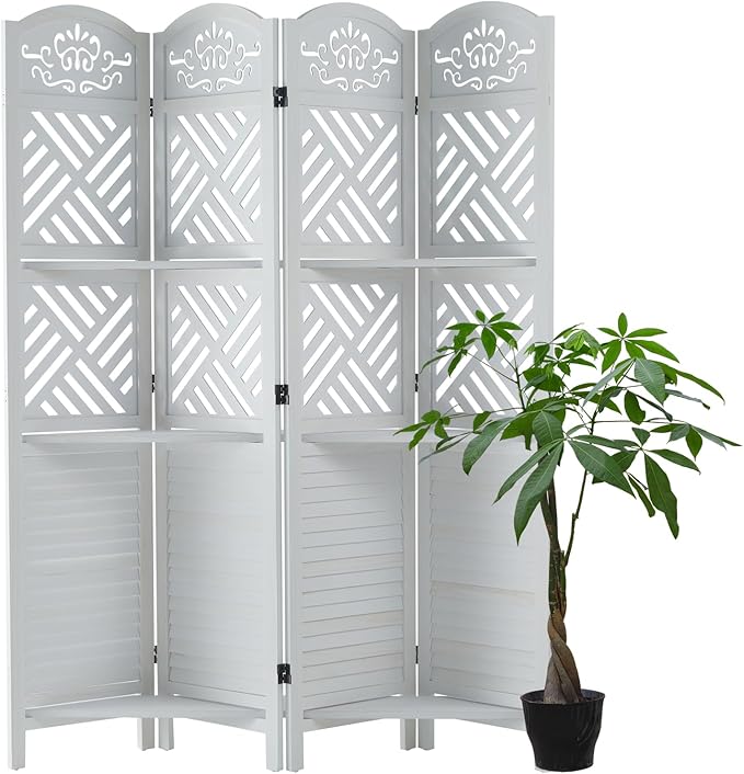 Room Divider with Shelves, 68.9inch Wood Carved and Louvered Wall Divider Freestanding, 4 Panels Folding Partition Screen for Bedroom Home Office (White)-Ruum Studio Home