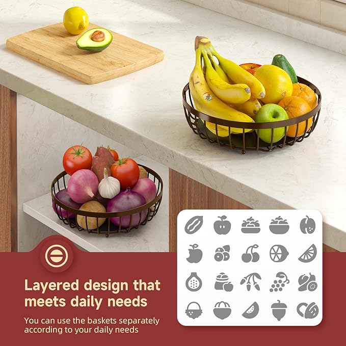 2 Tier Fruit Basket for Kitchen Counter with 2 Banana Hangers, Metal Stackable Fruit Bowl for Kitchen Counter for Bread Vegetable Fruits, Brown-Ruum Studio Home