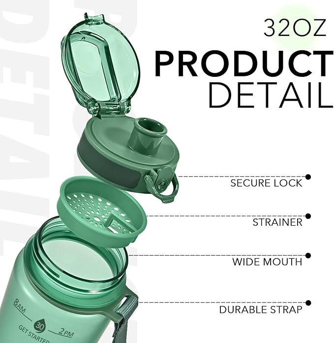 32oz Motivational Water Bottles with Time Marker & Fruit Strainer, Transparent Gradient Color Water Bottle with Times to Drink, Leakproof & BPA Free, Reusable Bottle with Strap (No Straw)-Ruum Studio Home