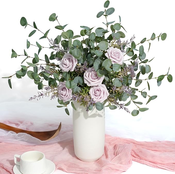 6Pcs Faux Eucalyptus Stems, 27" Artificial Eucalyptus Plants with White Frosted Coating, Fake Eucalyptus Decor Silk Greenery Leaves for Wedding Bouquets Home Decor DIY Floral Arrangements-Ruum Studio Home