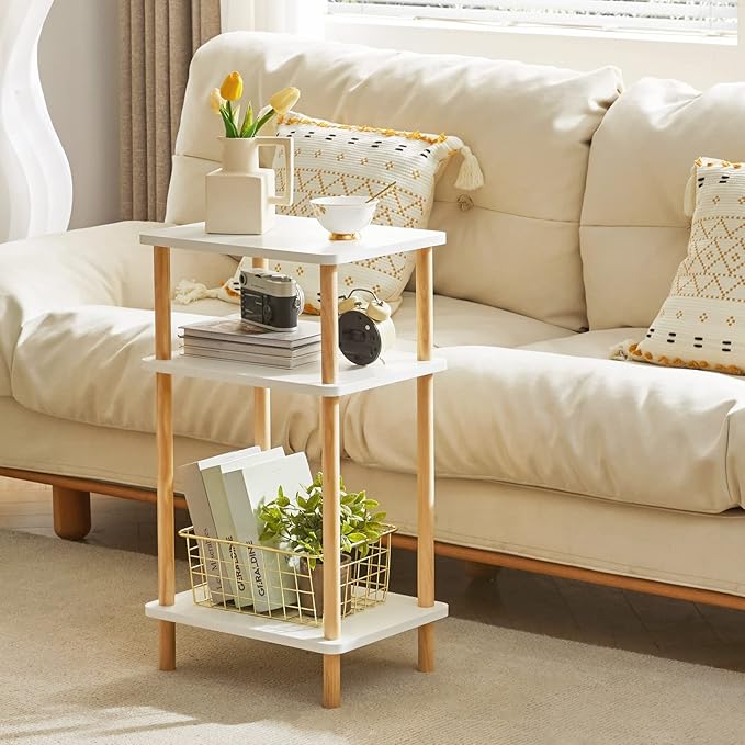 IBUYKE 3-Tier Side Table, Solid Wood Tall End Table with Storage Shelves, Nightstand Bedside Table for Living Room Bedroom Office, No-Tool Assembly, White UWST003W-Ruum Studio Home