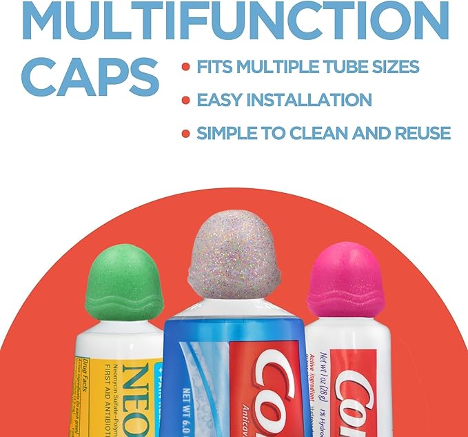 Chrome Cherry SqueezMe Self-Closing Toothpaste Caps, Silicone Lid for Kids & Adults, No Mess Toothpaste Dispenser, Easy Squeezer Cap for Tubes, Bathroom Accessory, Glitter, Pack of 6-Ruum Studio Home