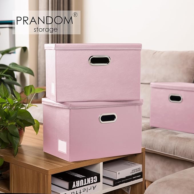 PRANDOM Collapsible Storage Bins with Lids [3-Pack] Leather Fabric Foldable Storage Boxes Organizer Containers Baskets Cube with Cover for Bedroom Closet Office Nursery Pink (14.9x10.8x10)-Ruum Studio Home
