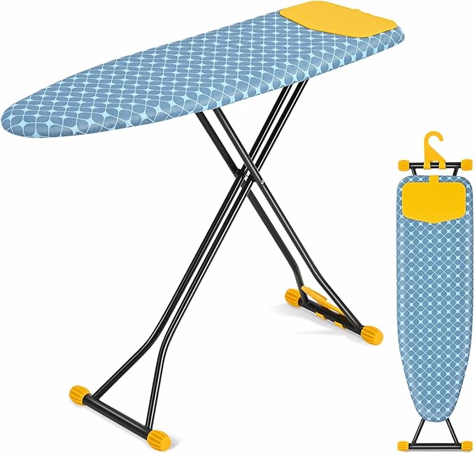 APEXCHASER Ironing Board with Iron Rest, Compact and Space Saver Iron Board, Extra Thick Cover, Height Adjustable, Wall Mount & Closet Hanger 13x43 Yellow-Ruum Studio Home