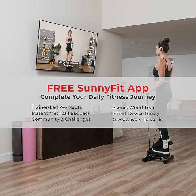 Sunny Health & Fitness Mini Stepper for Exercise at Home, Stair Step Workout Machine with Resistance Band and Over 300lb Weight Capacity, Optional Twist Motion and Free SunnyFit App Connection-Ruum Studio Home