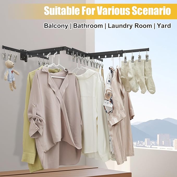 BESy Tri-Fold Foldable Clothes Drying Rack Retractable Hanging Collapsible Dryer Hanger Racks for Laundry Balcony Bathroom Space Saver Outdoor Indoor 20 Clips Aluminum Alloy Wall Mounted Matte Black-Ruum Studio Home