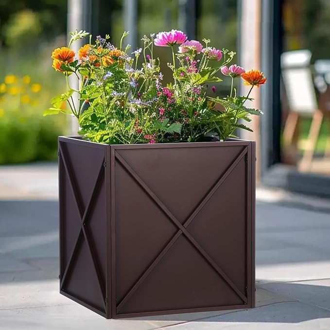SUNNYPARK Large Metal Planter Box 17”x 17”x 18”, Square Modern Brown Metal Planter Box Heavy Duty with Drainage Holes for Outdoor Garden Patio-Ruum Studio Home