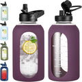 64 oz Glass Water Bottle With Straw and Handle, Half Gallon Sports Motivational Water Jug Flask with Silicone Sleeve, Large Water Cup with Time Marker for Travel, Gym, Dark Purple-Ruum Studio Home