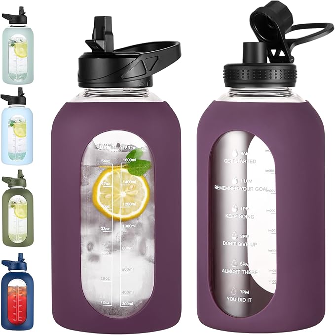 64 oz Glass Water Bottle With Straw and Handle, Half Gallon Sports Motivational Water Jug Flask with Silicone Sleeve, Large Water Cup with Time Marker for Travel, Gym, Dark Purple-Ruum Studio Home