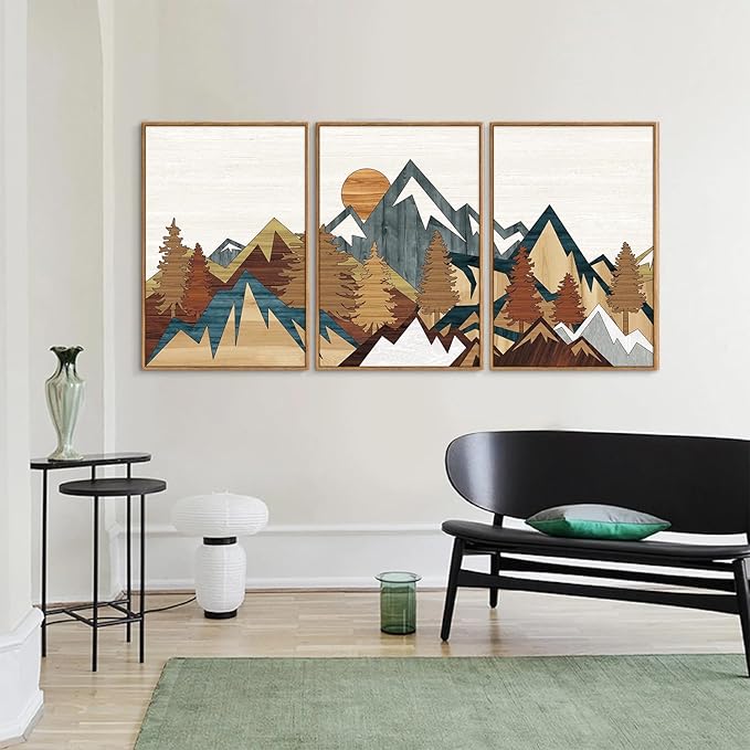 SIGNINART Large Mountain Framed Canvas Wall Art, Boho Sunrise Wilderness Art Prints, Vintage Forest Nature Artwork, Modern Farmhouse Woodcut Style Wall Decor for Living Room Bedroom Office 24"x36"x3-Ruum Studio Home