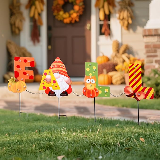 WONDER GARDEN Fall Yard Stakes Yard Signs, 4 Pack Metal Thanksgiving Lighted Garden Stakes, Gnome Sign with LED Lights for Harvest,Outdoor, Lawn,Farmhouse Decorations-Ruum Studio Home