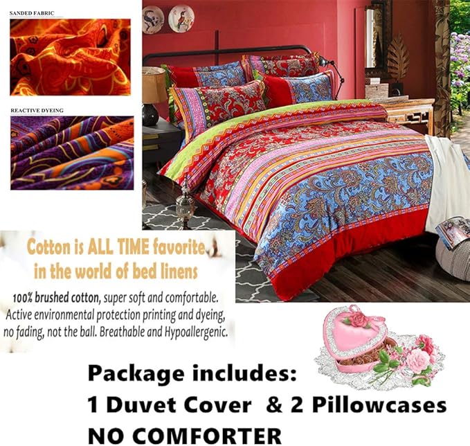 ABREEZE Bohemian Duvet Cover Set Colorful Red Boho Retro Bedding Set Damask Paisley Cotton Duvet Cover Tribal Reversible Bedding Exotic Style Comforter Cover 3-Piece Full-Ruum Studio Home