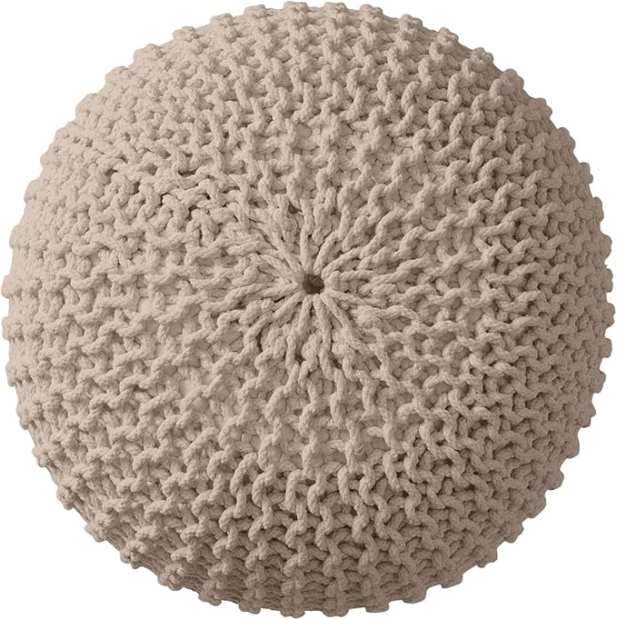 Ornavo Home Pouf Ottoman Foot Rest - 100% Cotton Pouffe - Hand Knitted Cable Braid Cord - Boho Round Stuffed Ottoman for Living Room, Bedroom - Beige-Ruum Studio Home