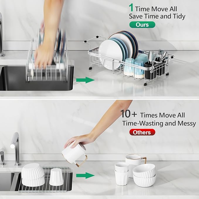 GSlife Expandable in Sink Small Dish Drying Rack - Stainless Steel Capacity Adjustable Over The Sink Dish Rack with Cup Holder (12" -16.8"), Dish Drainer for Kitchen Sink with Utensil Holder, Silver-Ruum Studio Home