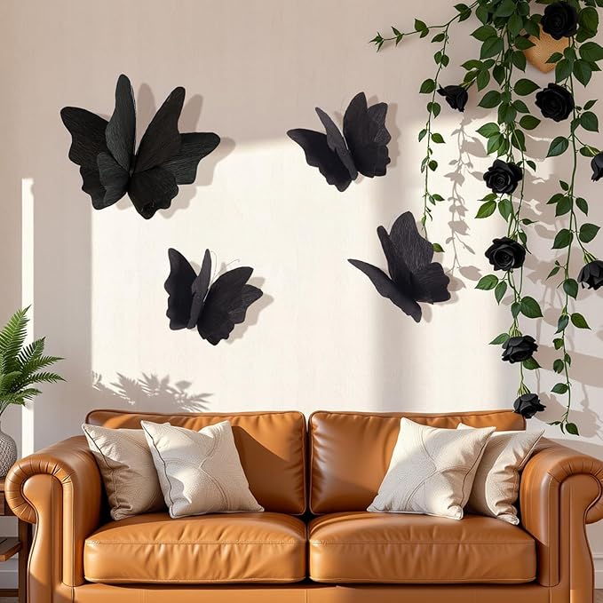 Party Butterfly Decorations, Black 3D Butterfly Birthday Decoration, 4 Pcs Crepe Paper Hanging Decor for Room, School, Black Theme, Flower Party for Garden, Dining Table Decor-Ruum Studio Home