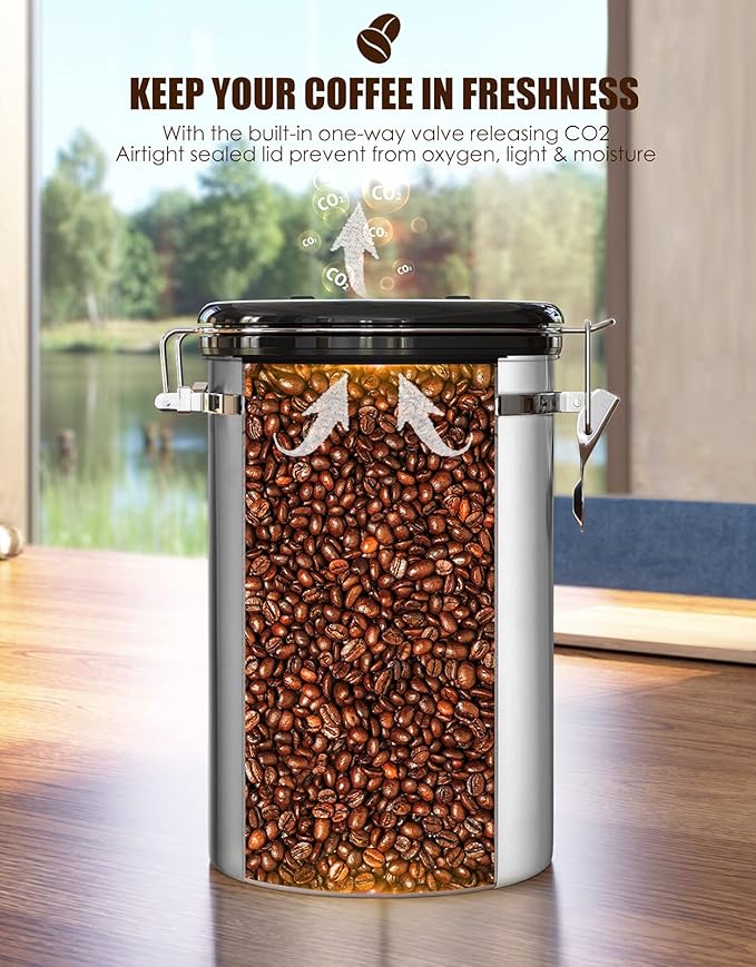 HAIOOU Airtight Coffee Canister, 16OZ Small Stainless Steel Coffee Bean Storage Container with Date Tracker, Measuring Scoop, CO2 Releasing Valves and Mini Tongs for Beans, Grounds and more - Silver-Ruum Studio Home