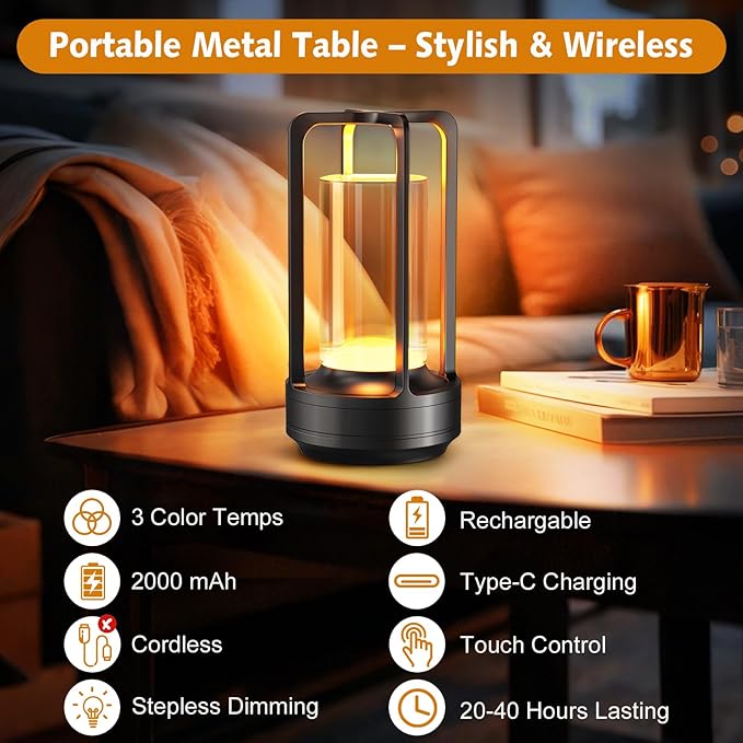 Portable Table Lamp for Outdoor Indoor: Cordless Rechargeable Desk Lamp with 3 Color Stepless Dimmable - Metal Battery Operated Small Lantern Light for Restaurant/Bedroom/Bar/Coffee Shop/Camping-Ruum Studio Home