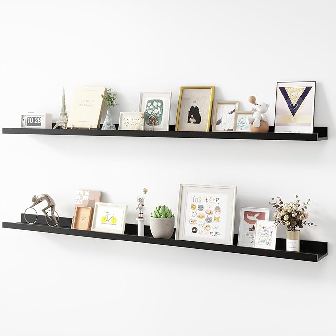 Picture Ledge Shelf, Wood Long Floating Shelves for Wall, Set of 2, 56 inch Picture Ledge Shelves, Photo Ledge Nursery Book Shelves Wall Mounted for Living Room Kids' Room Bedroom, Color Black-Ruum Studio Home