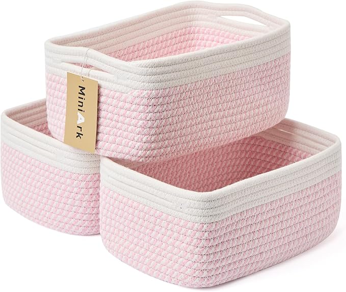 Small Storage Baskets for Organizing | Closet Organizer Bins | Shelf Toy Basket | Woven Rope Baskets | Cube Decorative Box | Shallow Basket | 13x8.5x5.1” | 3 Packs White Pink-Ruum Studio Home