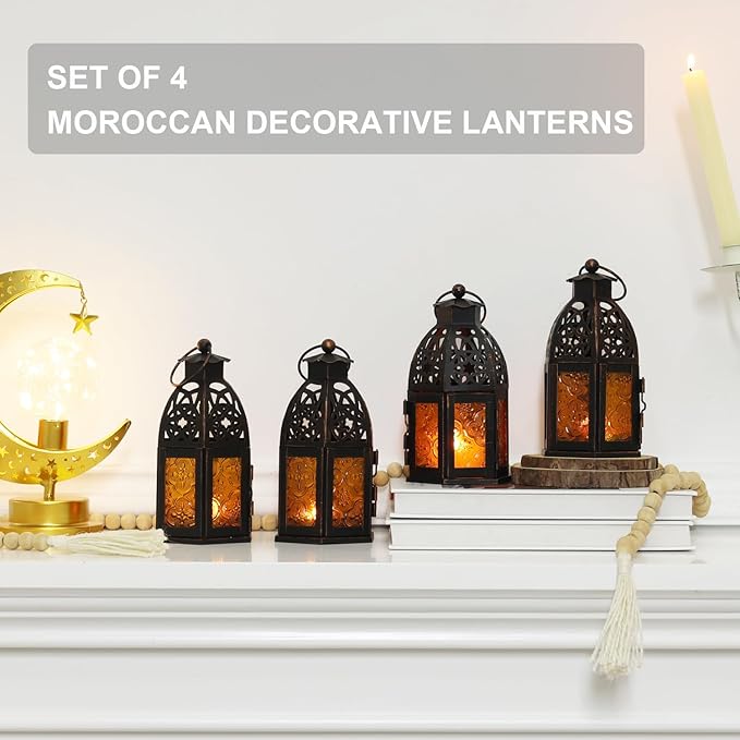 NEEDOMO Set of 4 Moroccan Candle Lantern, 9" Ramadan Lanterns Decorative Indoor Outdoor, Vintage Candle Holder for Chritsmas, Halloween, Table, Patio, Porch, Shelf, Ramadan Decorations (Amber)-Ruum Studio Home